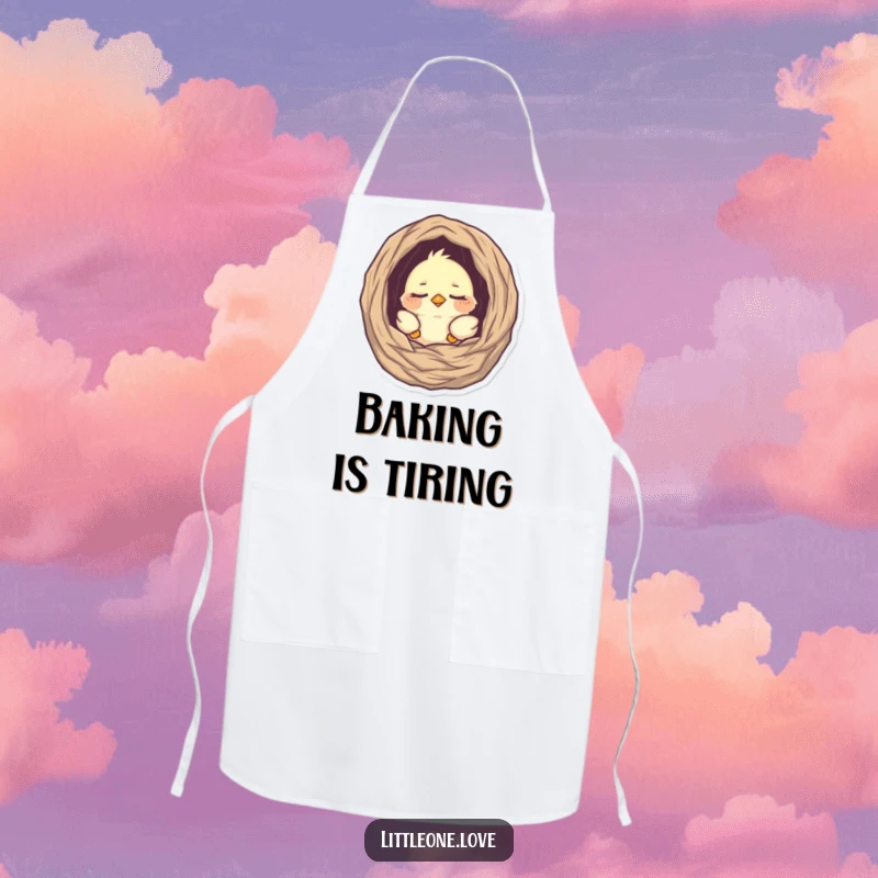 Funny apron with a tiny, sleepy baby bird peeking from its nest, adding a touch of sweetness and protection to kitchen activities, great gift.