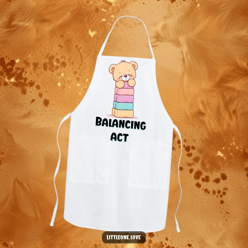 Funny apron depicting a sleepy teddy bear struggling to balance a tall stack of blocks, perfect for kitchen duties or messy crafts.