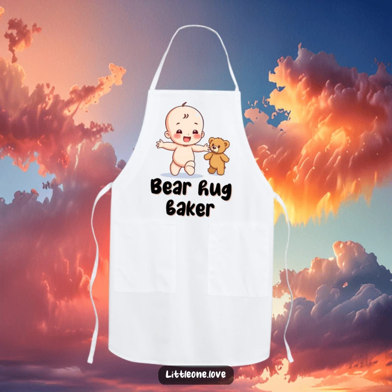 Funny apron showcasing a happy baby character toddling towards a fuzzy teddy bear, perfect for a humorous kitchen or baking accessory.