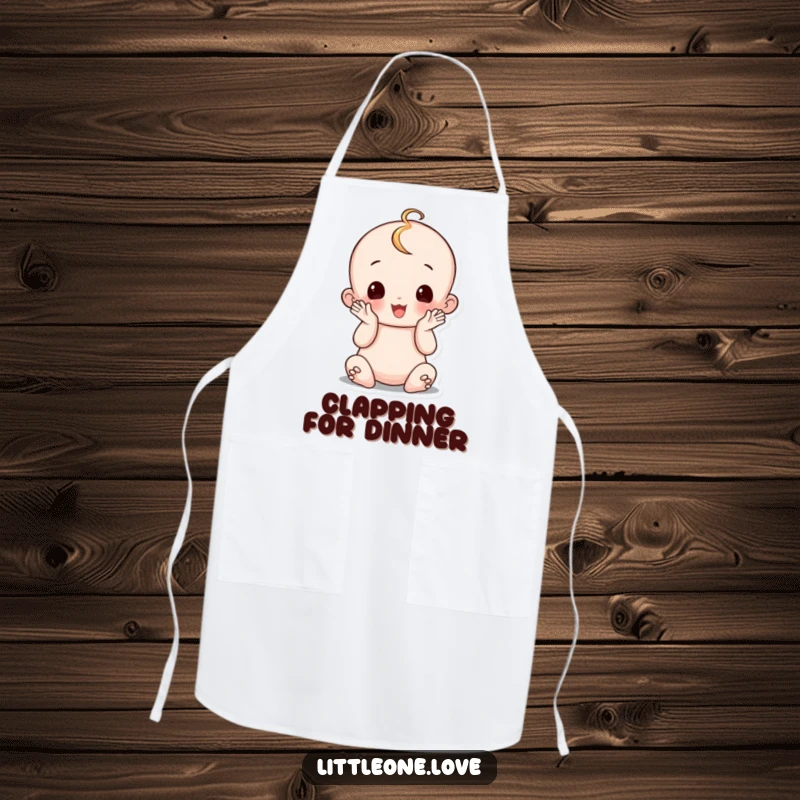 Funny wobbly baby apron, sitting up and clapping hands, celebrating milestones, cheerful kitchen accessory.