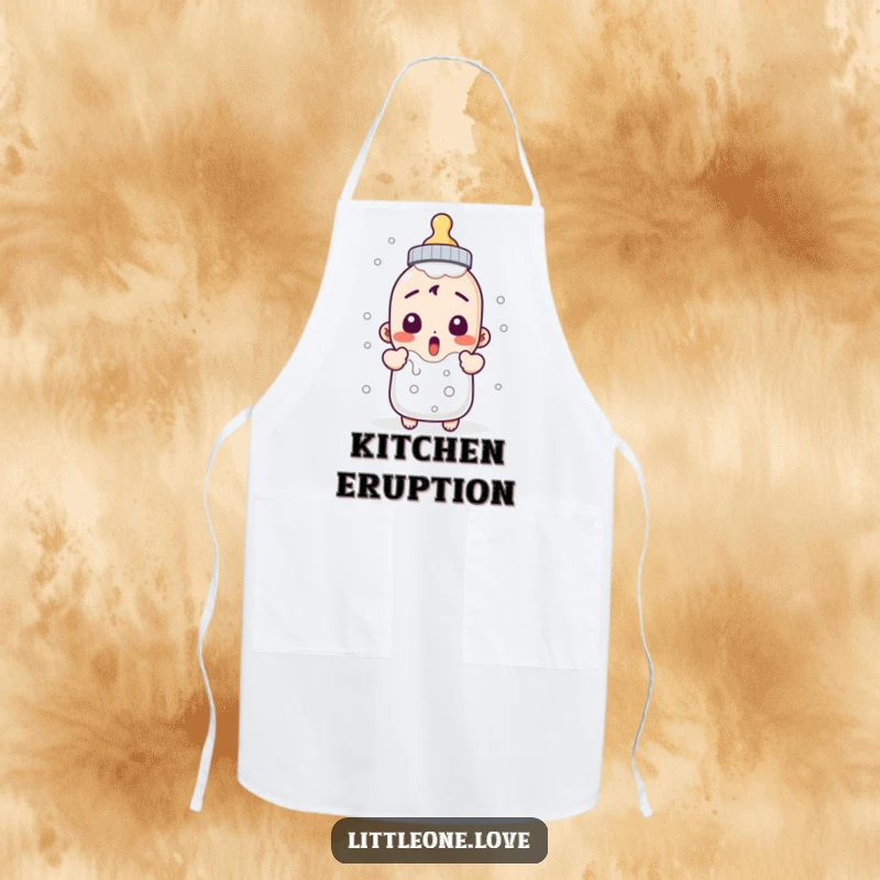 Funny apron with a surprised baby bottle character bubbling over, ideal for kitchen fun and protection. Humorous gift.