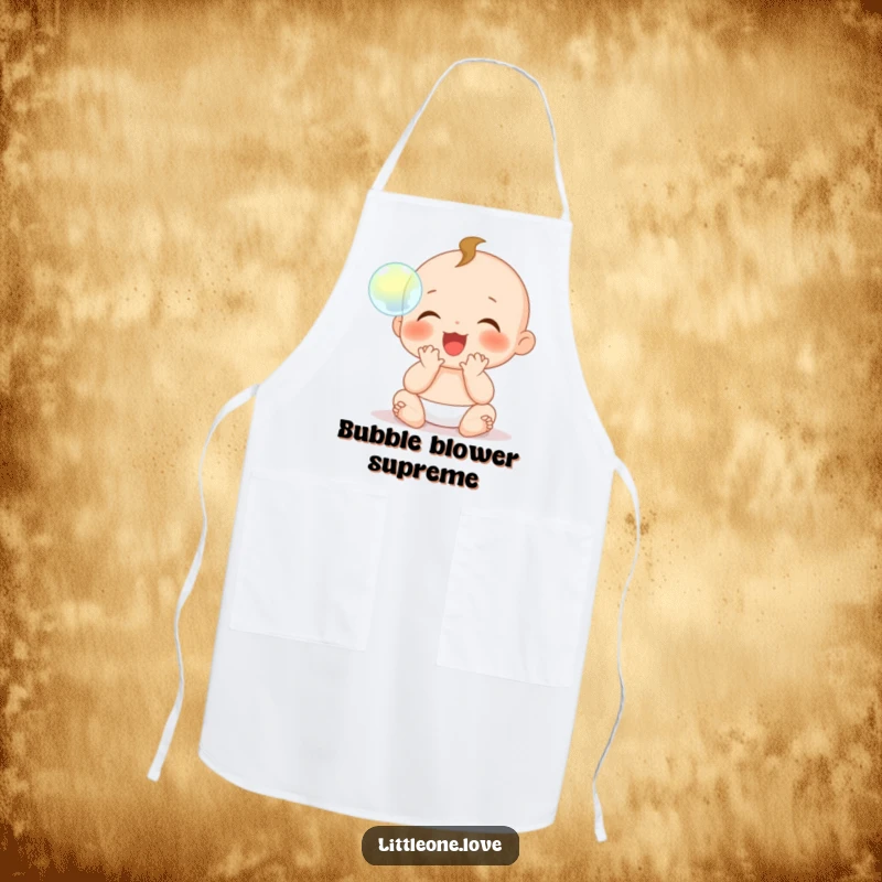 Funny Apron: A baby character with tiny hands claps gleefully at a floating bubble, perfect for kitchen adventures.