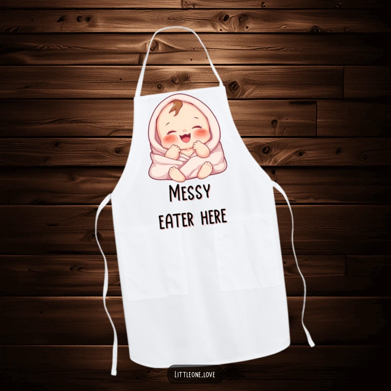 Funny cooking apron featuring a chubby baby character gurgling with delight, wrapped in blankets. Great for parents.