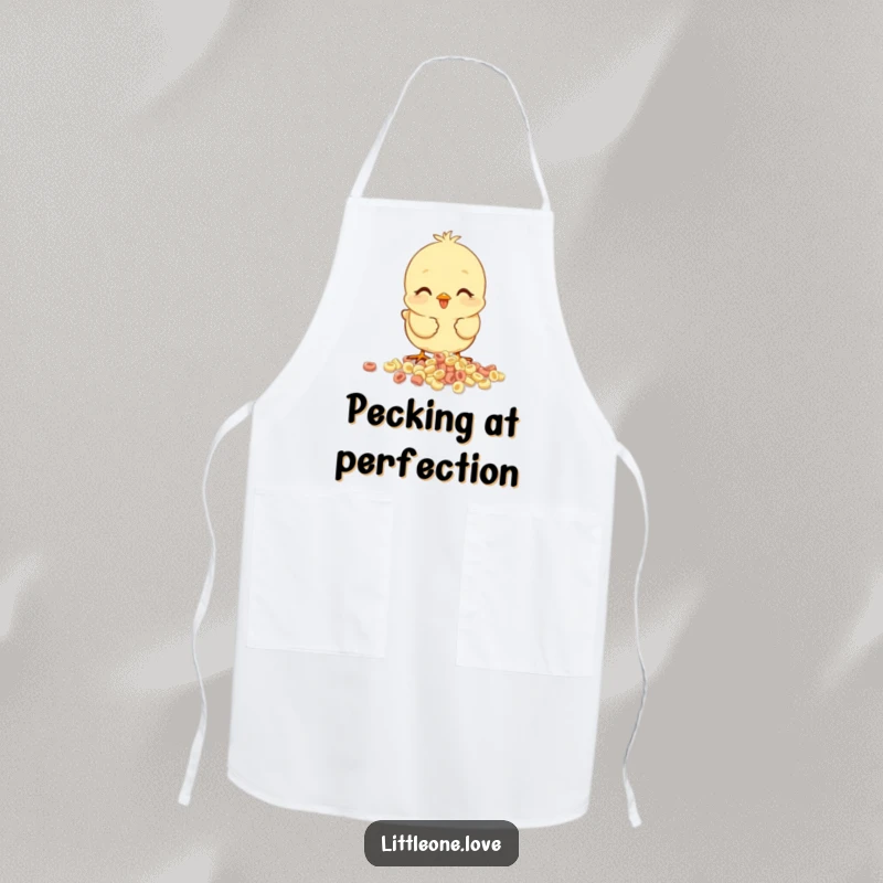 Funny baby chick apron, happy chick pecking at spilled cereal, cheerful kitchen accessory for cooking and baking.