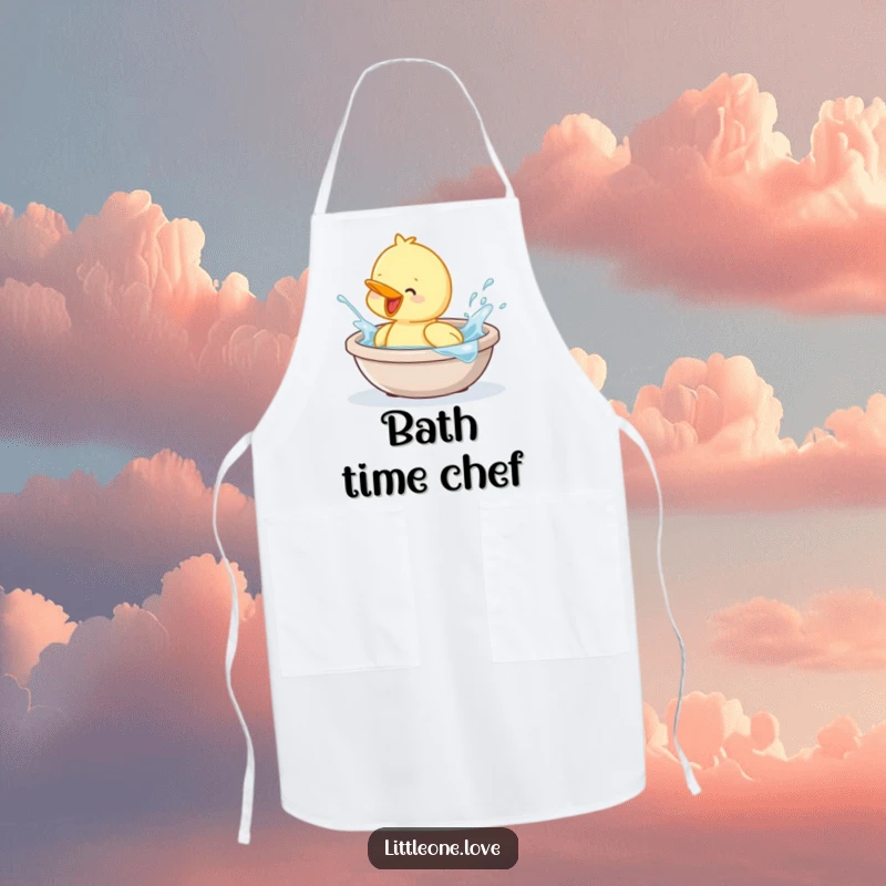 Funny apron with a baby duckling splashing in a tub, adding cheerful humor to cooking. Great gift.