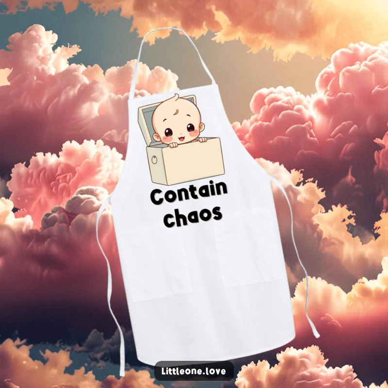 Funny apron with a baby in a diaper peeking from a toy box, ideal for a humorous kitchen.