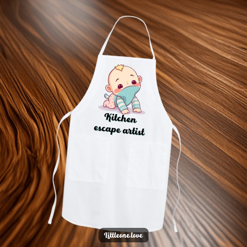Funny apron with a mischievous baby sock puppet attempting to crawl away, adding a touch of playful humor and protection to kitchen activities, great gift.