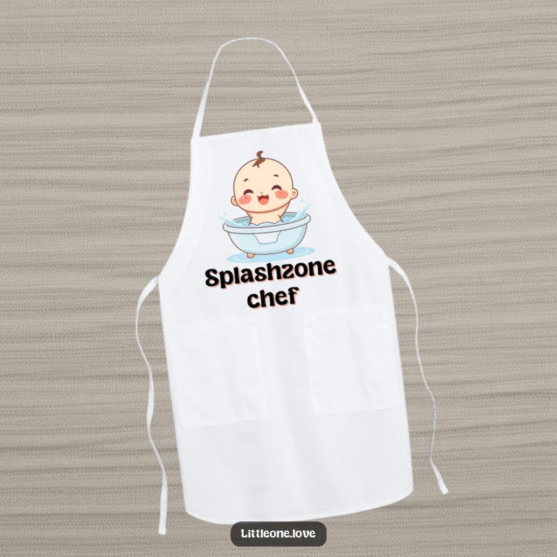 Funny small, round baby in a diaper gleefully splashing water in a tiny tub, on a functional kitchen apron.