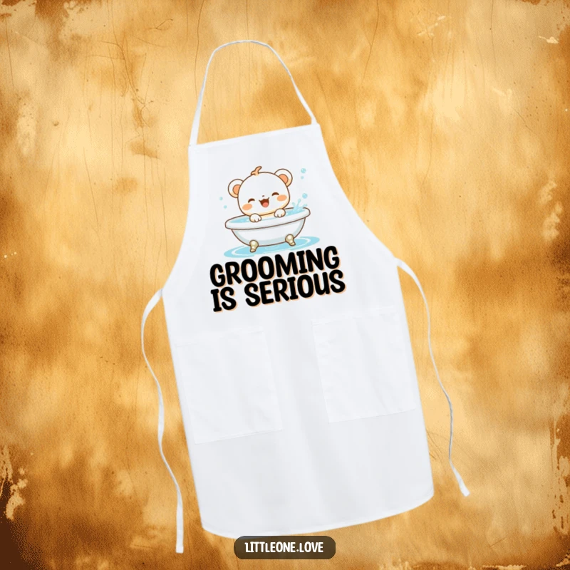 Funny baby animal character gleefully splashing in a miniature bathtub, printed on a practical and cheerful apron.