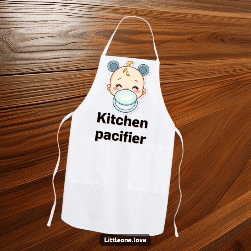 Funny apron with a cheerful baby pacifier character bobbing up and down, great for kitchen humor. Gift.