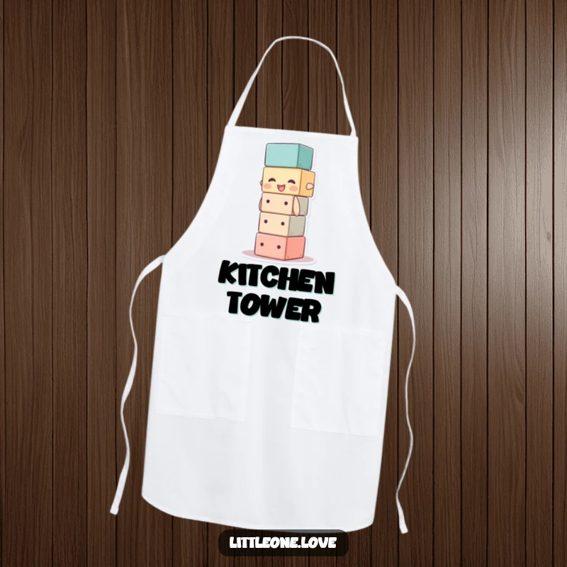 Funny apron with a baby block character stacking itself too high, great for kitchen humor and protection. Gift.