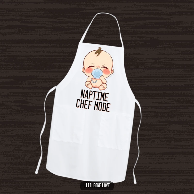 Funny baby yawn apron featuring a cute character yawning widely, pacifier, perfect for adding humor to cooking.