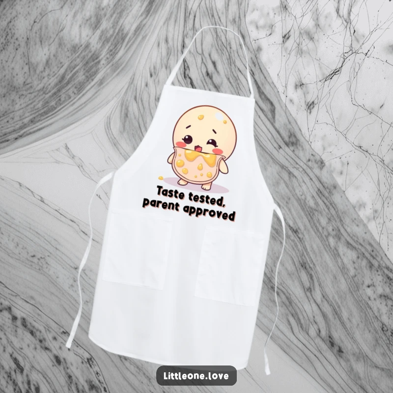 Funny apron showing a bewildered rubber ball in a bib, covered in baby food, ready for a messy cooking or feeding adventure.