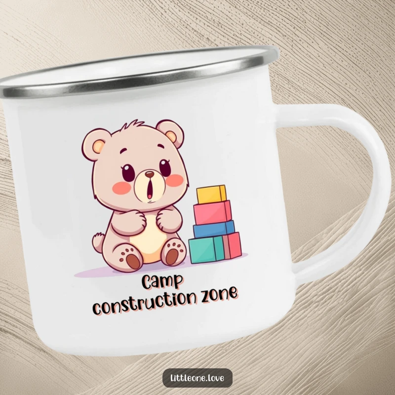 Funny baby bear camping mug, surprised by a stack of building blocks, durable and humorous design for outdoor trips.