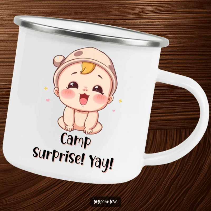Funny camping mug featuring a surprised baby character in a tiny hat, letting out a joyful squeal, perfect for outdoor sipping.