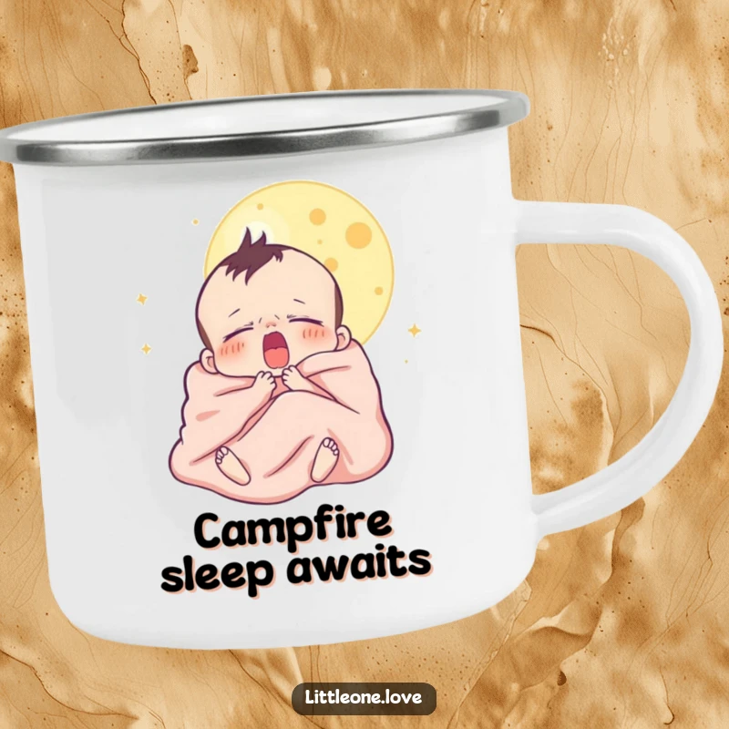 Funny camping mug featuring a sleepy baby character yawning under the moon, wrapped in a blanket, perfect for outdoor sipping and humor.