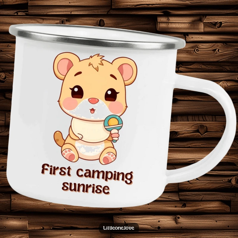 Funny Camping Mug showing a cute baby animal in a bib, surprised by a rattle, perfect for outdoor adventures.