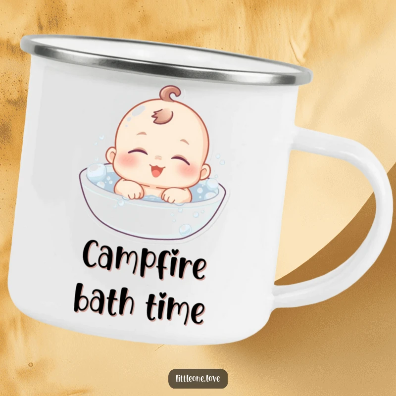 Funny Camping Mug: A chubby baby with sleepy eyes floats happily in a bubbly bath, a picture of pure, serene joy.