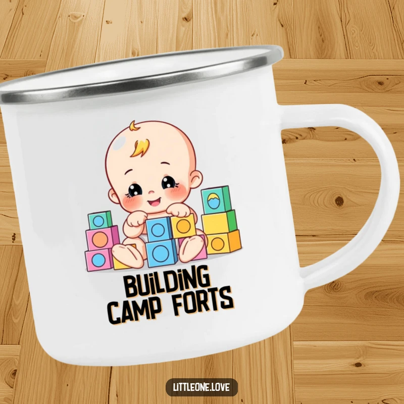Funny camping mug featuring a playful baby character building with colorful blocks, perfect for outdoor sipping and creative moments.