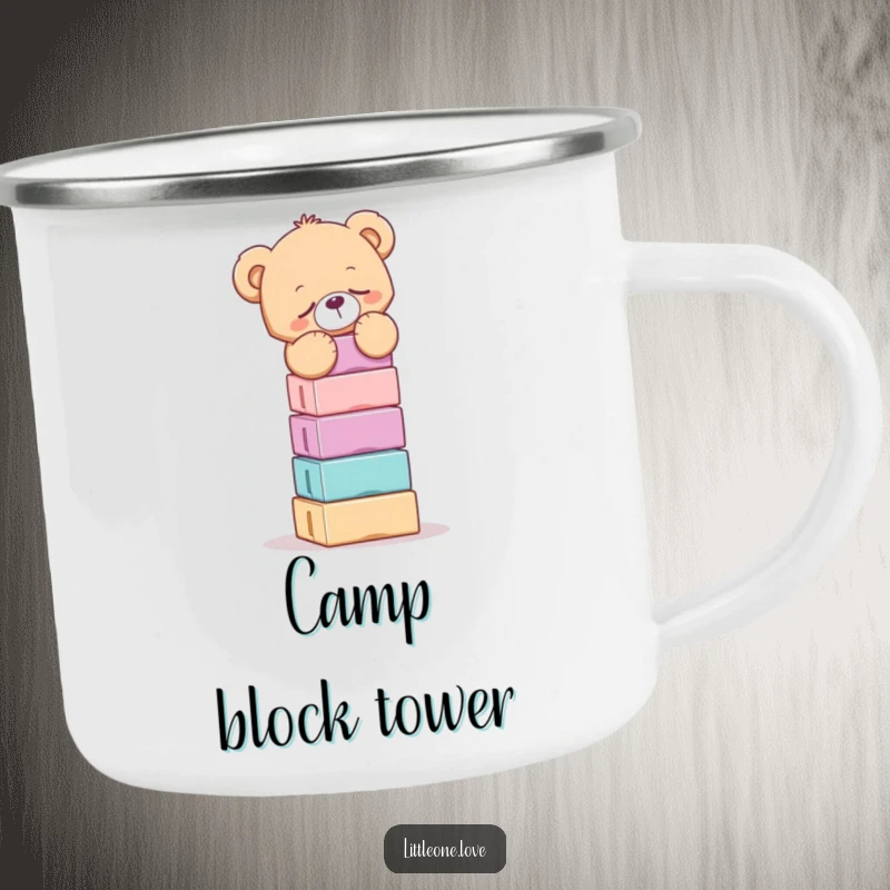 Funny camping mug showing a drowsy teddy bear precariously balancing a tall stack of blocks, perfect for relaxed outdoor moments.