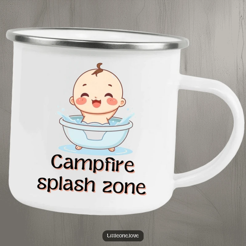 Funny small, round baby in a diaper gleefully splashing in a tiny tub, on a rugged camping mug.