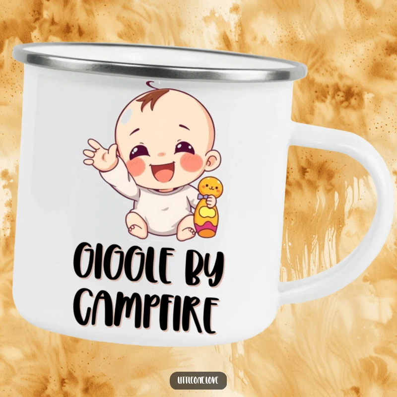 Funny giggling infant with chubby hand reaching for a toy, on a durable enamel camping mug.