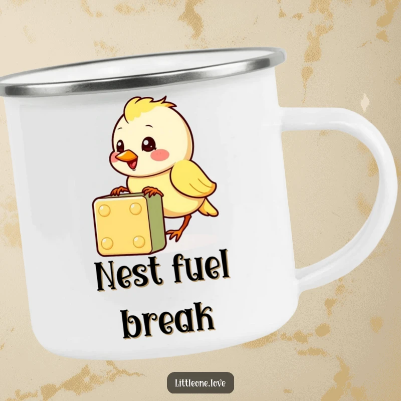 Funny camping mug with a cheerful baby bird character pecking at a colorful block, perfect for outdoor cuteness, great funny gift.