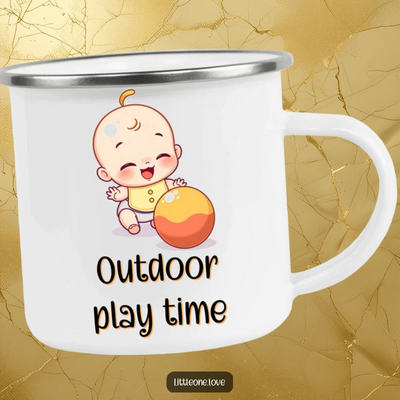 Funny enamel camping mug featuring a giggling baby in a bib trying to catch a rolling ball, perfect for outdoor fun.