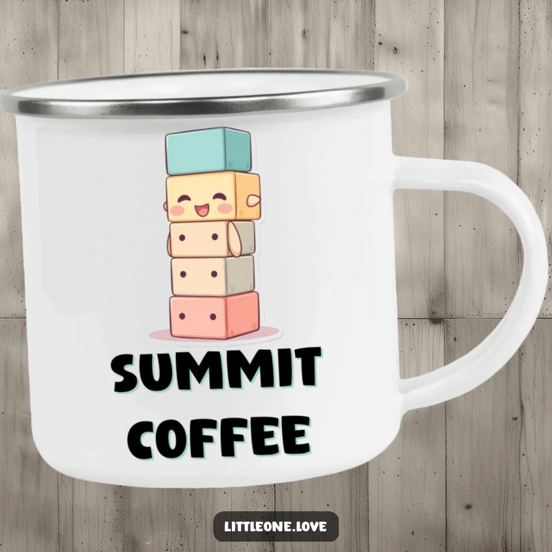 Funny camping mug with a baby block character stacking itself too high, perfect for outdoor use. Humorous gift.