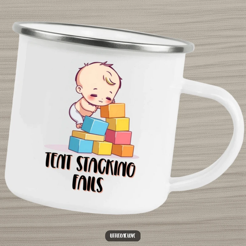 Funny enamel camping mug featuring a child character's colorful blocks tumbling down. Humorous outdoor gift.
