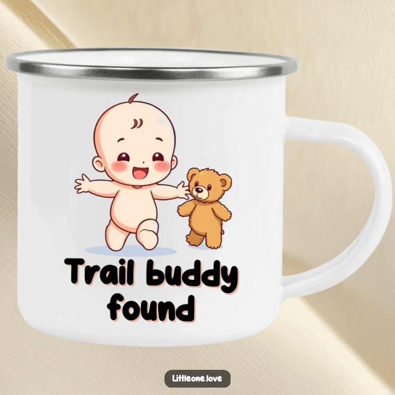 Funny camping mug featuring a happy baby character toddling towards a fuzzy teddy bear, perfect for outdoor sipping and cheerful moments.
