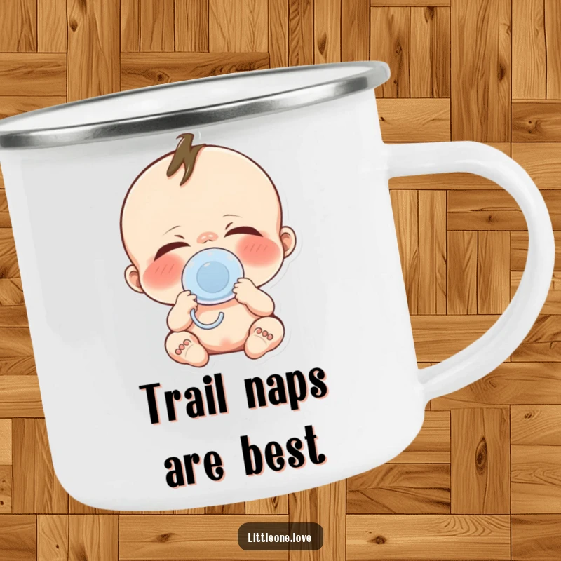 Funny baby yawn camping mug showing a cute character yawning widely with a pacifier, perfect for outdoor humor.