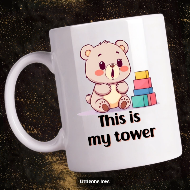 Funny baby bear mug, surprised expression, looking at a tall stack of building blocks, adorable and humorous design.