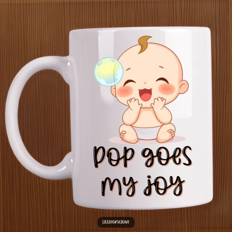 Funny Mug: A baby character with tiny hands claps gleefully with delight at a single, floating, iridescent bubble.