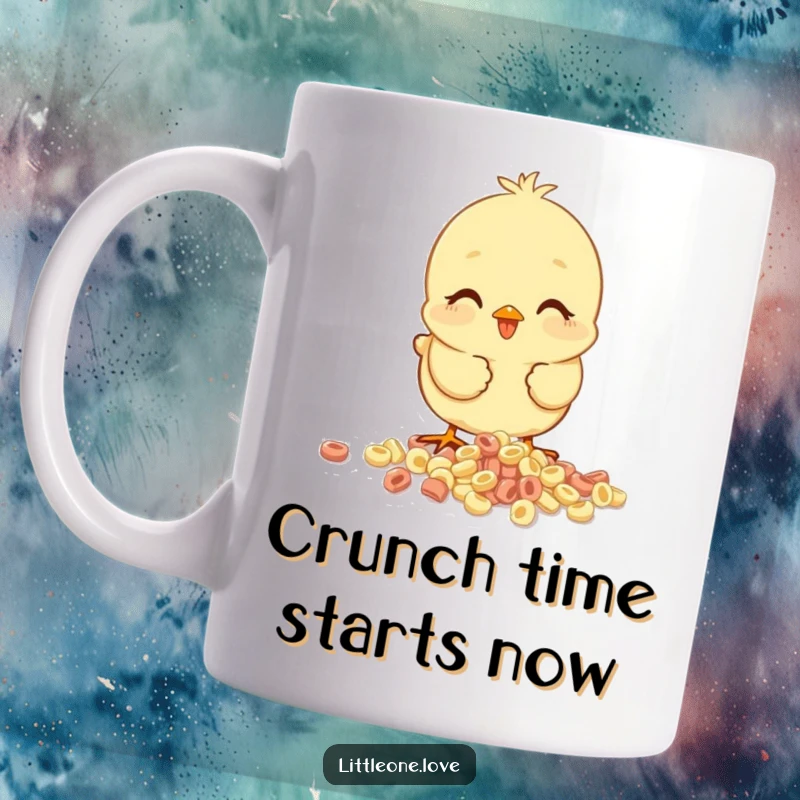 Funny baby chick mug, happy and pecking at spilled cereal, cheerful breakfast scene, adorable and humorous design.