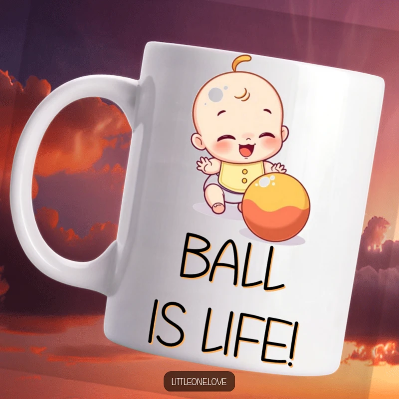 Funny mug showcasing a giggling baby wearing a bib, enthusiastically trying to catch a rolling ball.