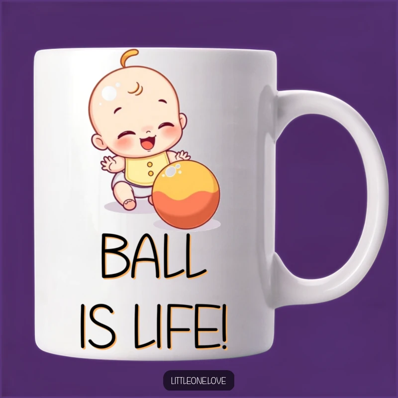 Funny Baby Mug: Giggling infant chasing ball with bib, a hilarious funny gift
