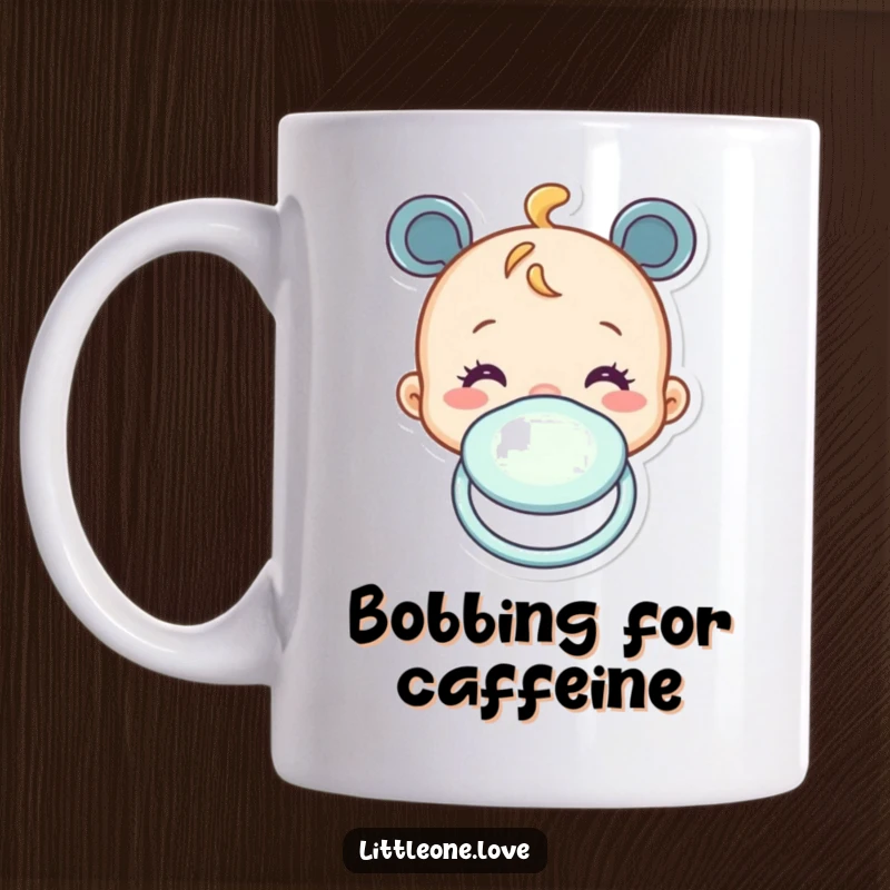 Funny baby pacifier mug cheerfully bobbing up and down. A humorous and delightful gift.