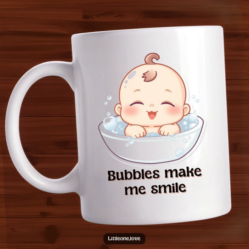 Funny Baby Mug: A chubby baby with sleepy eyes blissfully floats in a bubbly bathtub, radiating peaceful happiness.