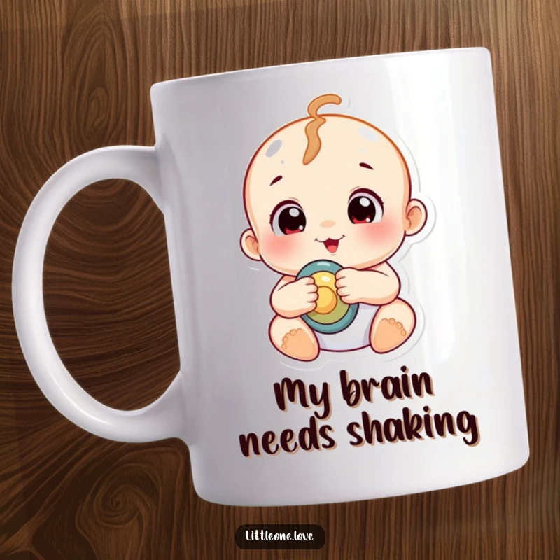 Funny chubby baby with wide, curious eyes enthusiastically shaking a rattle, perfect for a nursery or parent gift.