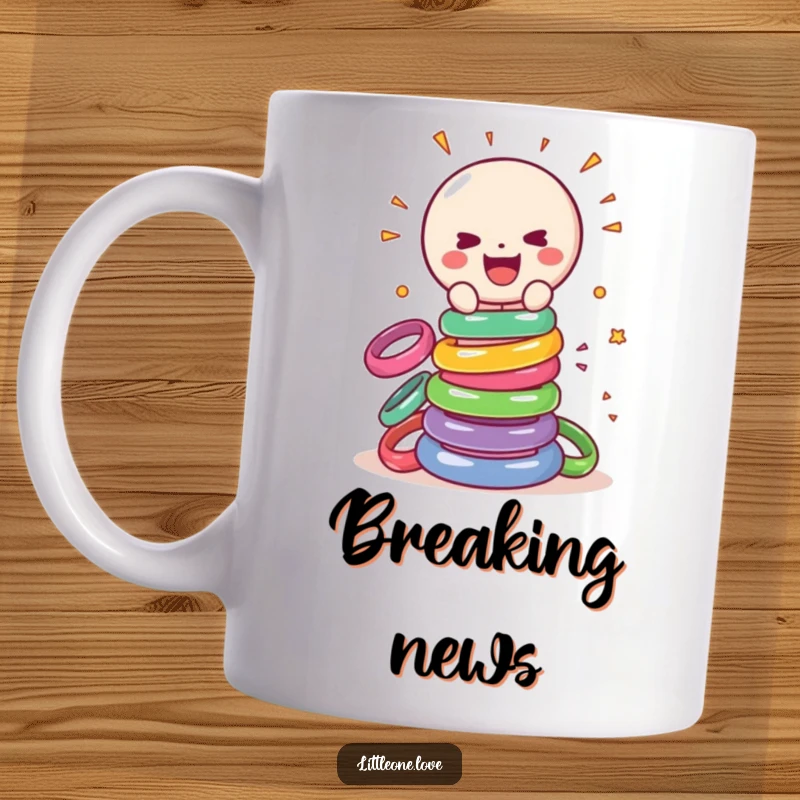 Funny mug featuring a cheerful, sentient baby rattle gleefully smashing a tower of colorful plastic rings into pieces.