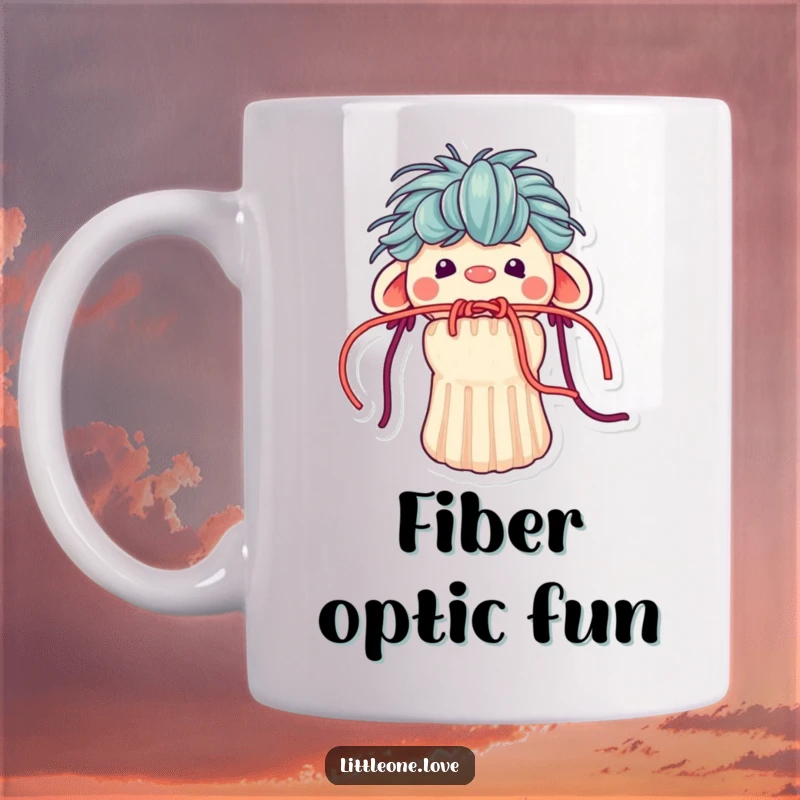 Funny mug featuring a tiny sock puppet with googly eyes and messy yarn hair, its mouth stuck open with tangled yarn.