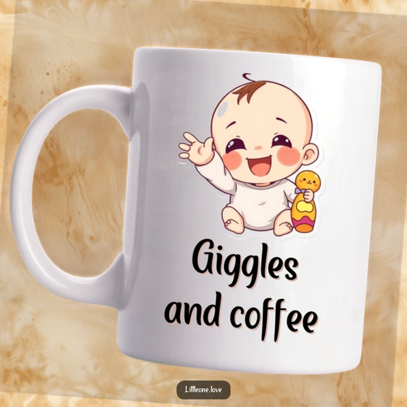 Funny giggling infant character with rosy cheeks reaching out a chubby hand towards a colorful toy.