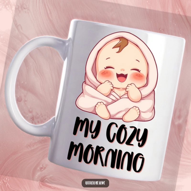 Funny mug depicting a chubby baby character gurgling with pure delight, wrapped cozily in soft blankets. Adorable gift.