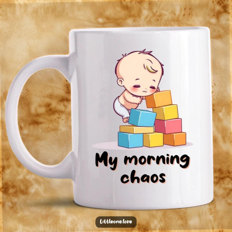 Funny mug showing a small child character struggling to stack colorful blocks that are tumbling down. Relatable fail.