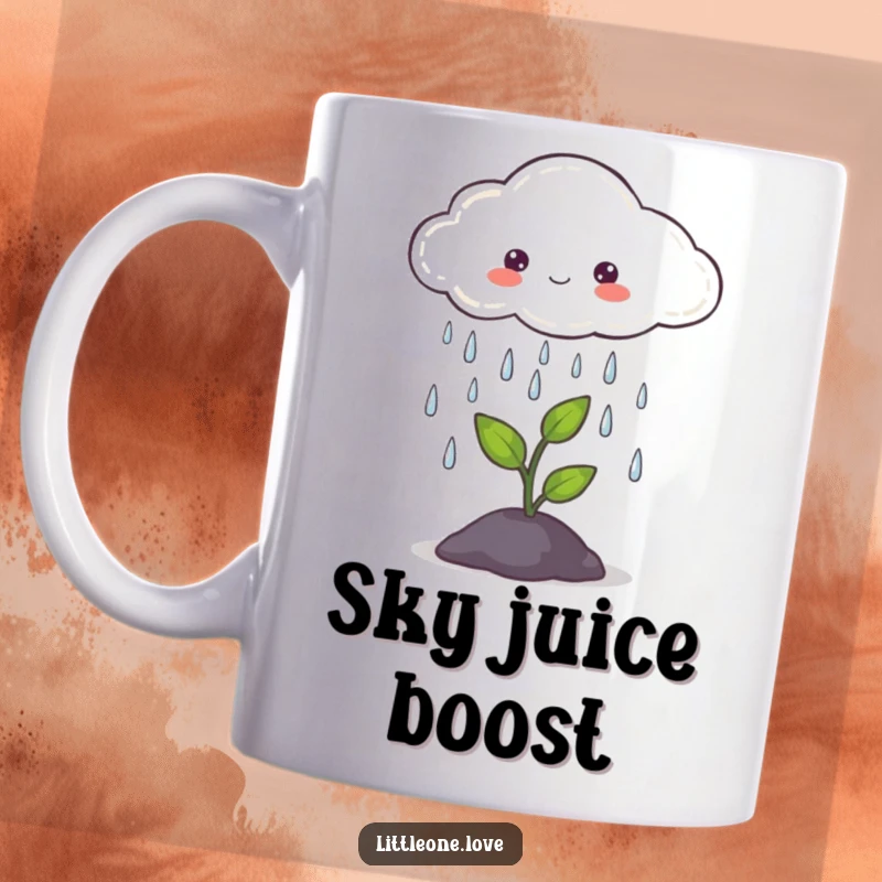 Funny mug featuring a cute, smiling cloud gently raining on a tiny, green sprout pushing through the soil.