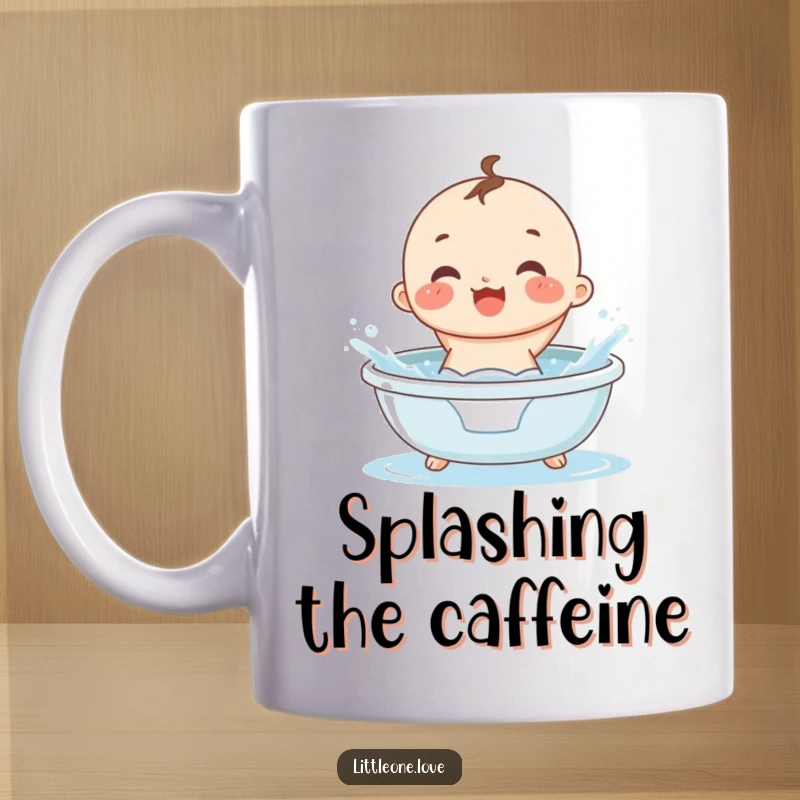 Funny small, round baby in a diaper gleefully splashing water in a tiny bathtub, featured on a ceramic mug.