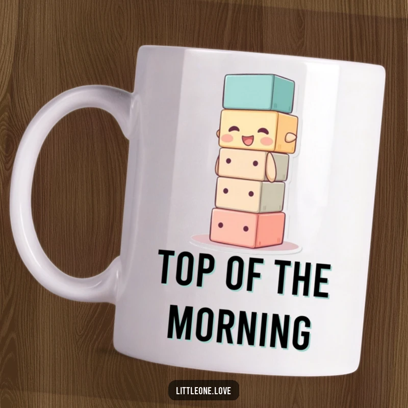 Funny baby block mug with a delighted character stacking itself too high. A humorous and fun gift.