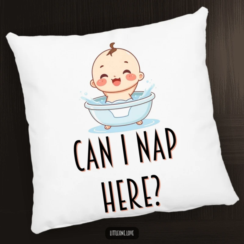Funny small, round baby in a diaper gleefully splashing in a tiny tub, printed on a soft, decorative pillow.