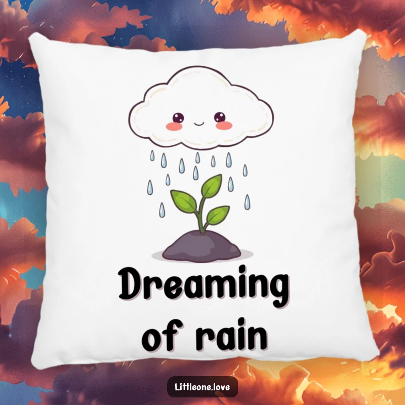 Funny pillow design of a cute cloud gently raining on a tiny sprout, a soft and heartwarming accent for relaxation.